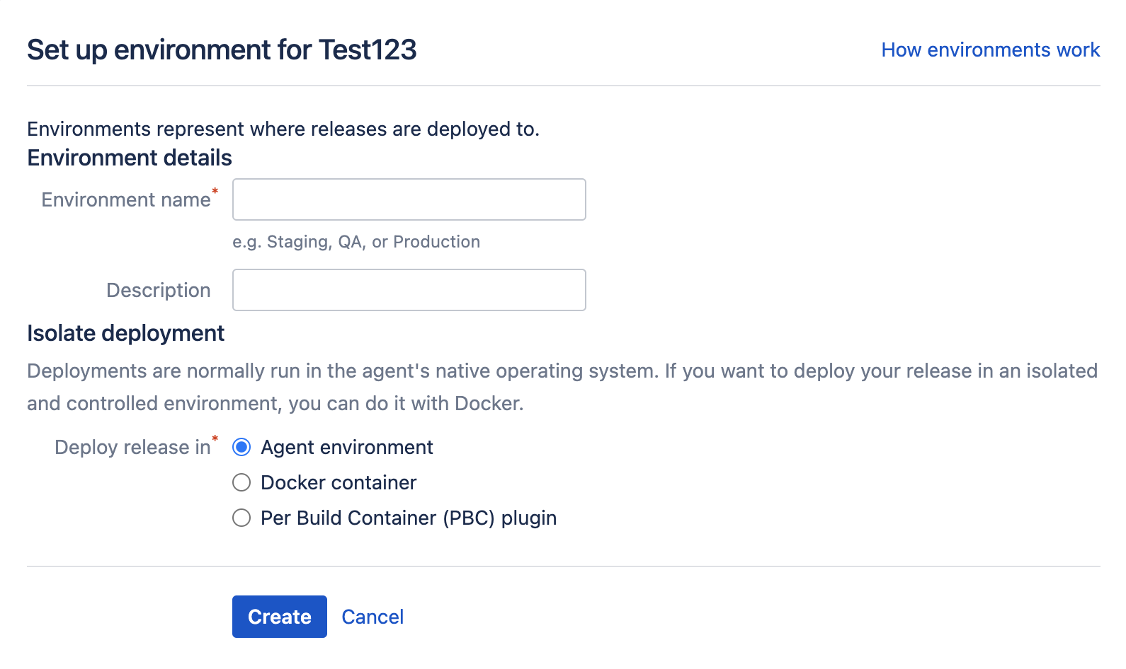 Deployment project environment setup screen