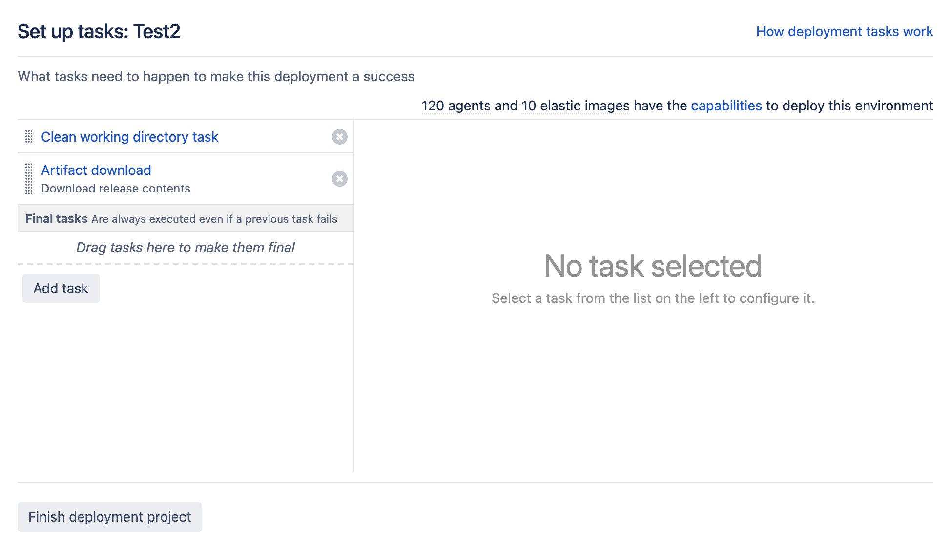 Task setup screen in deployment project environment