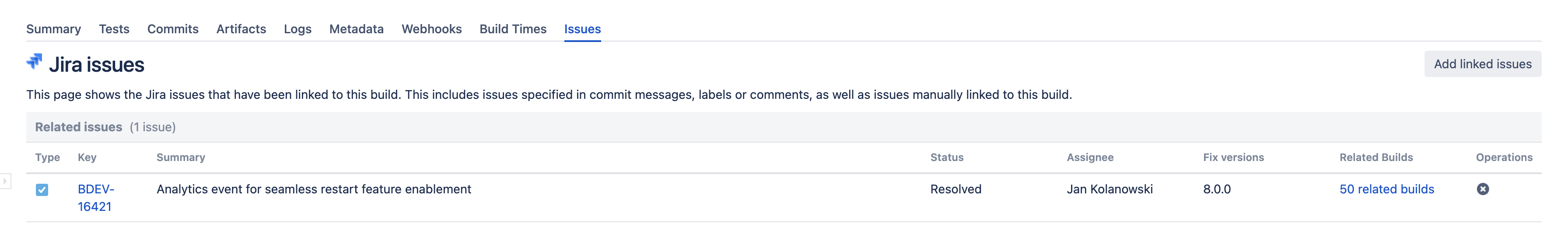 Jira issues in the Issues tab of build summary