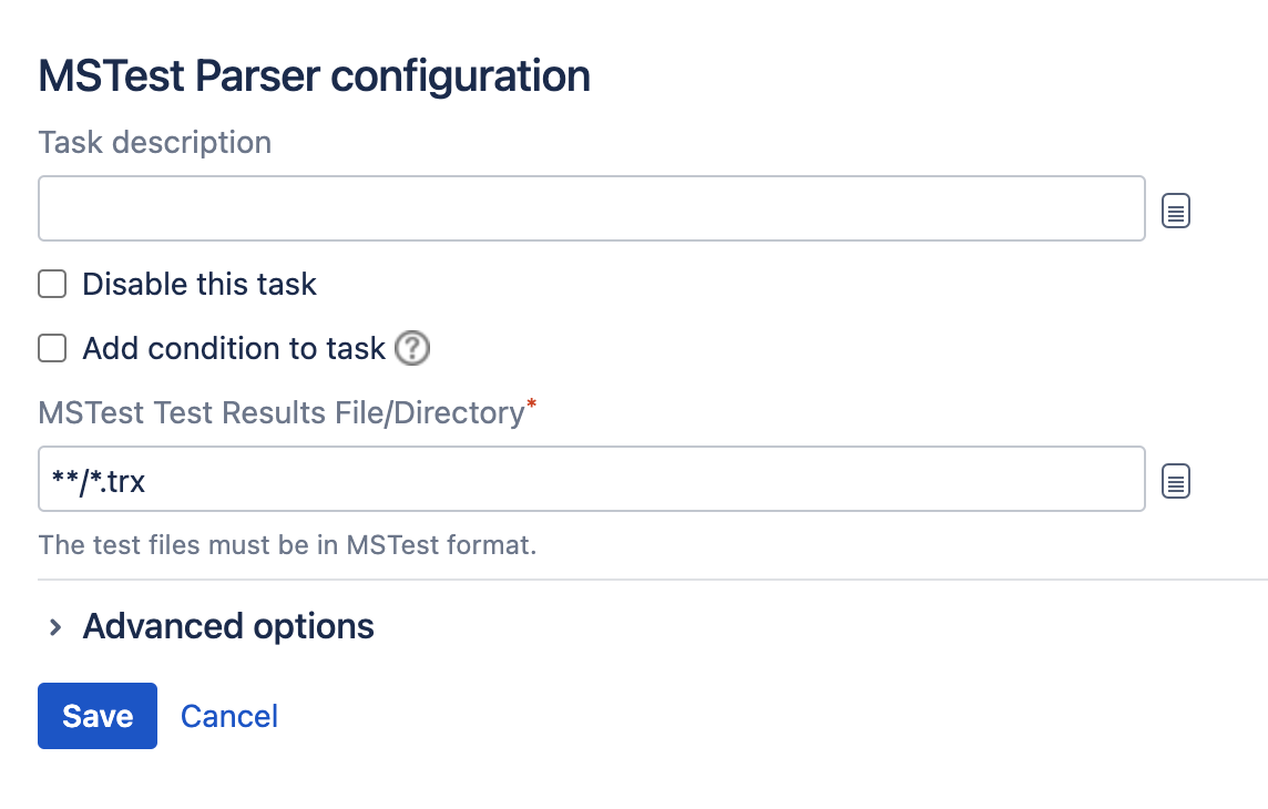 MSTest Parser task type configuration