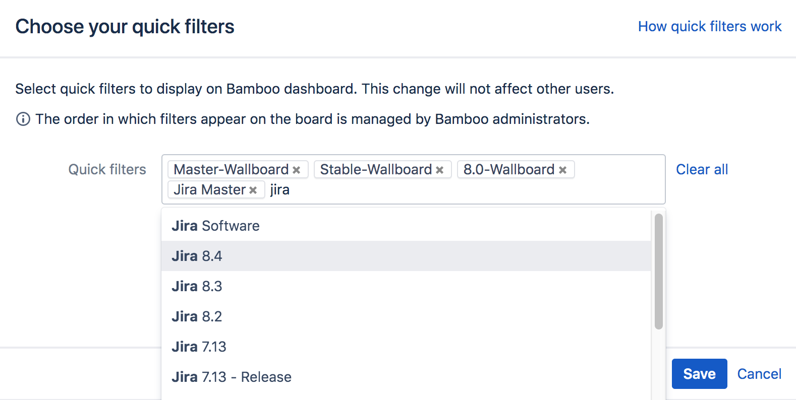 Quick filters selection window