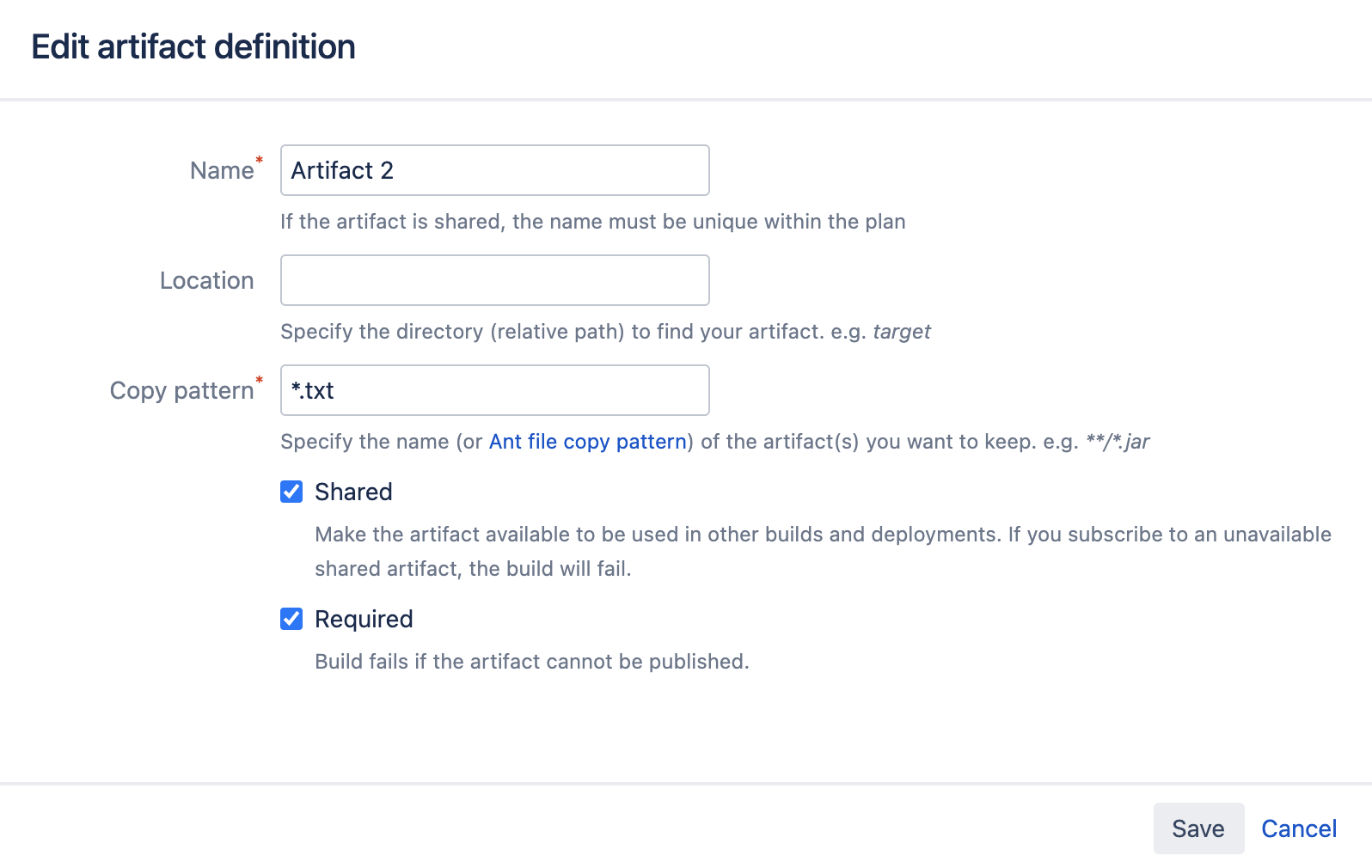 Edit artifact definition window