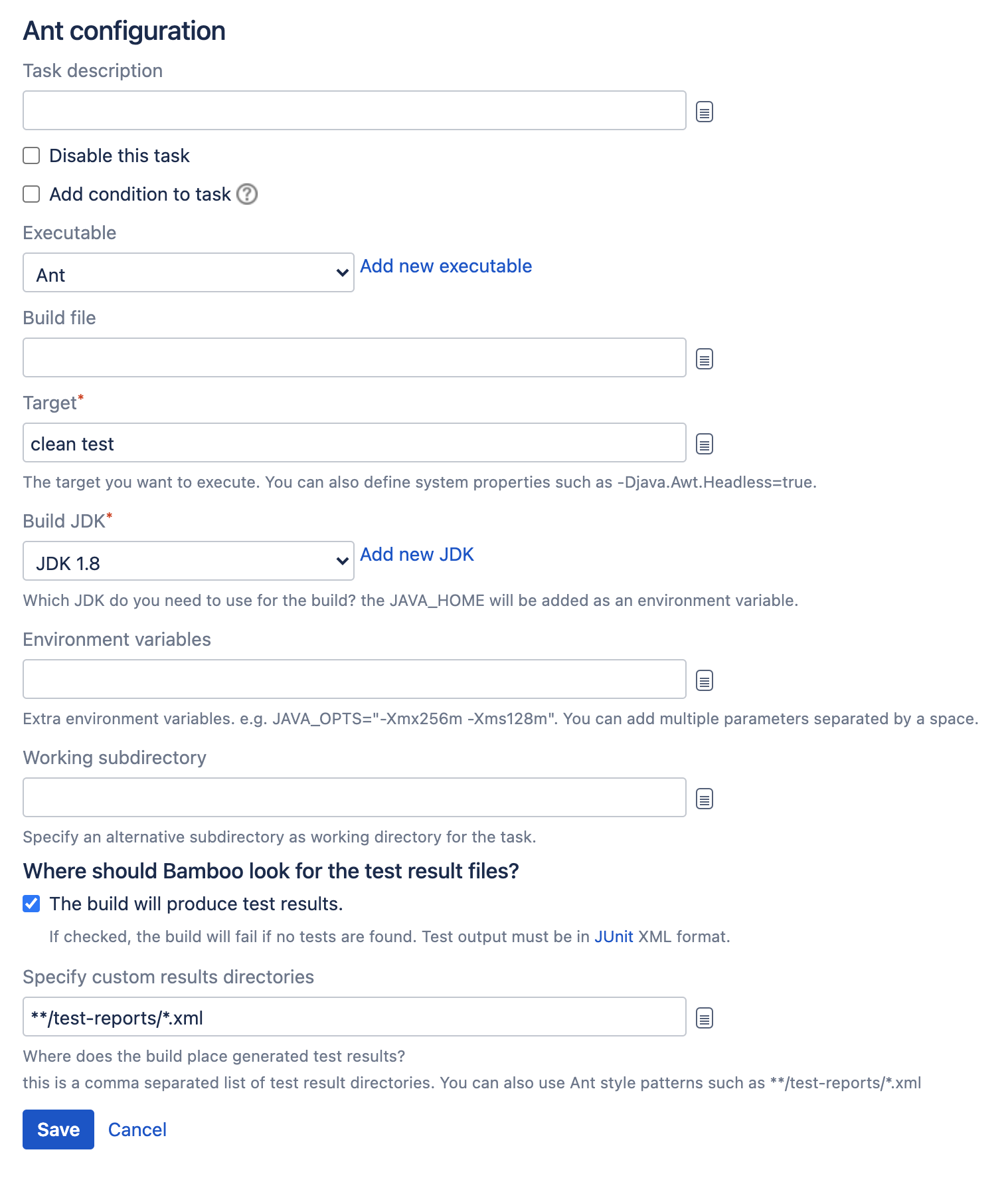 Ant task type configuration screen