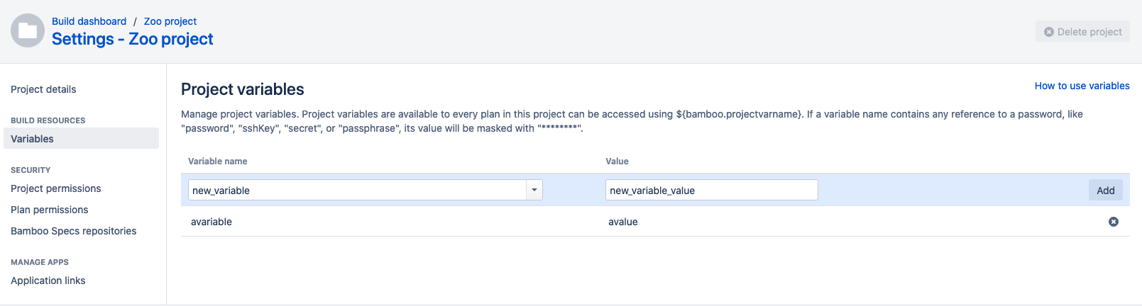 Project variables page