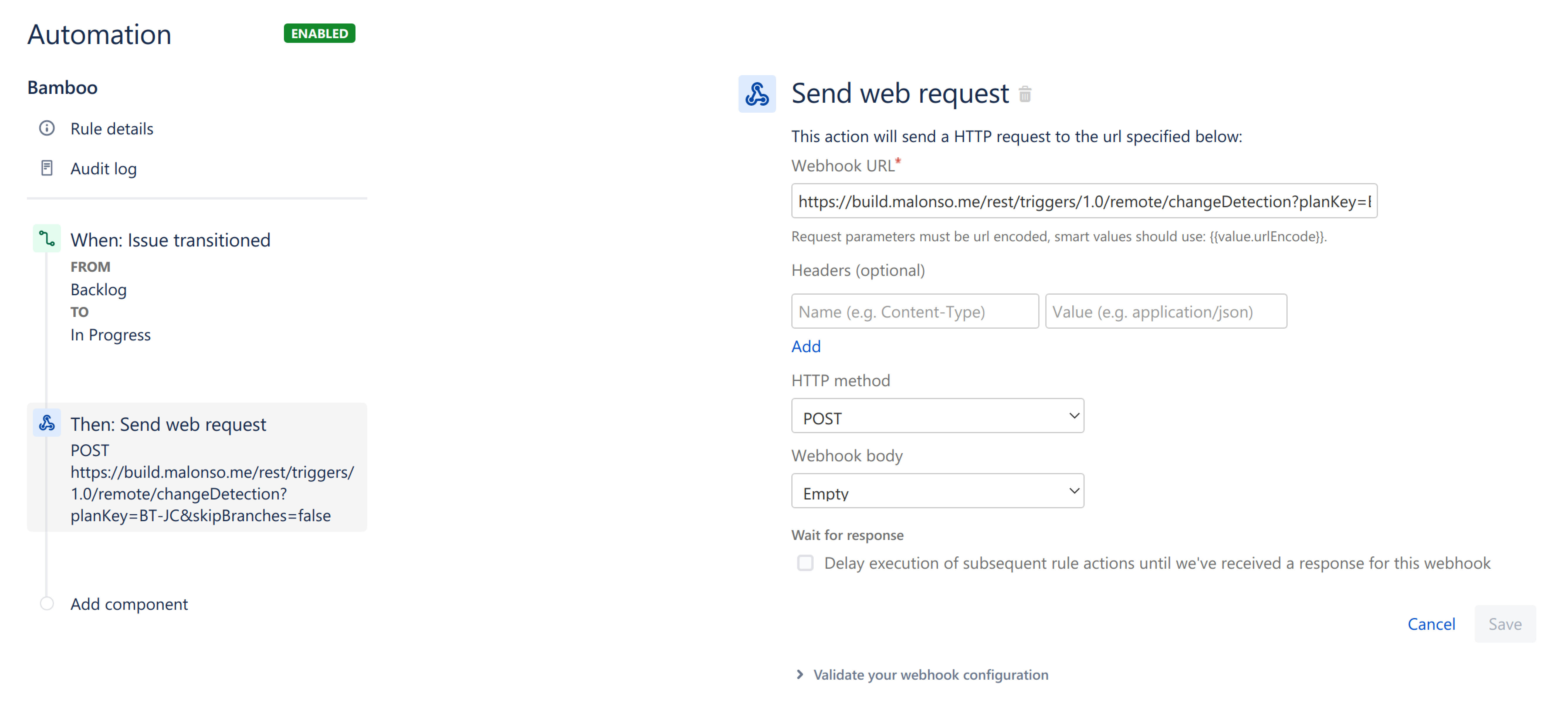 New Jira Automation rule trigger screen