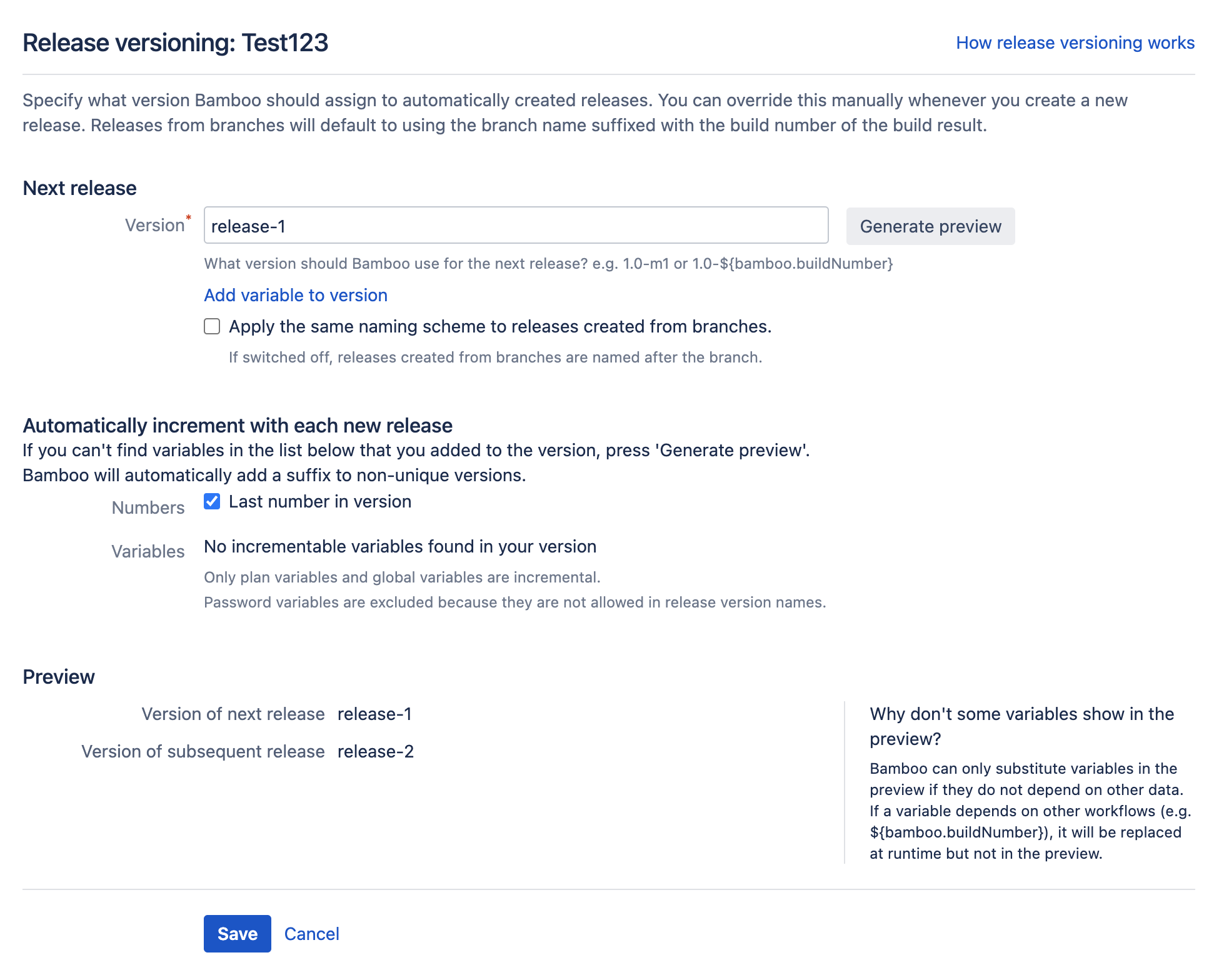 Release versioning section of deployment project