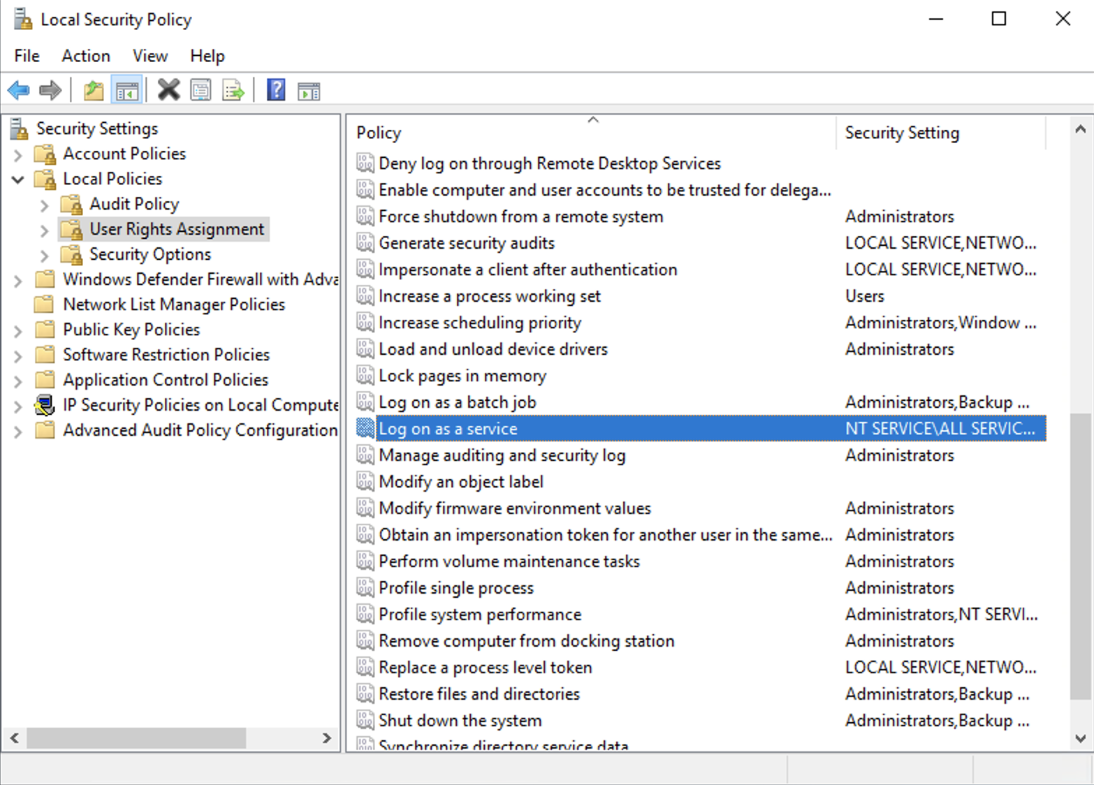 Log on as a service window Log on as a service window