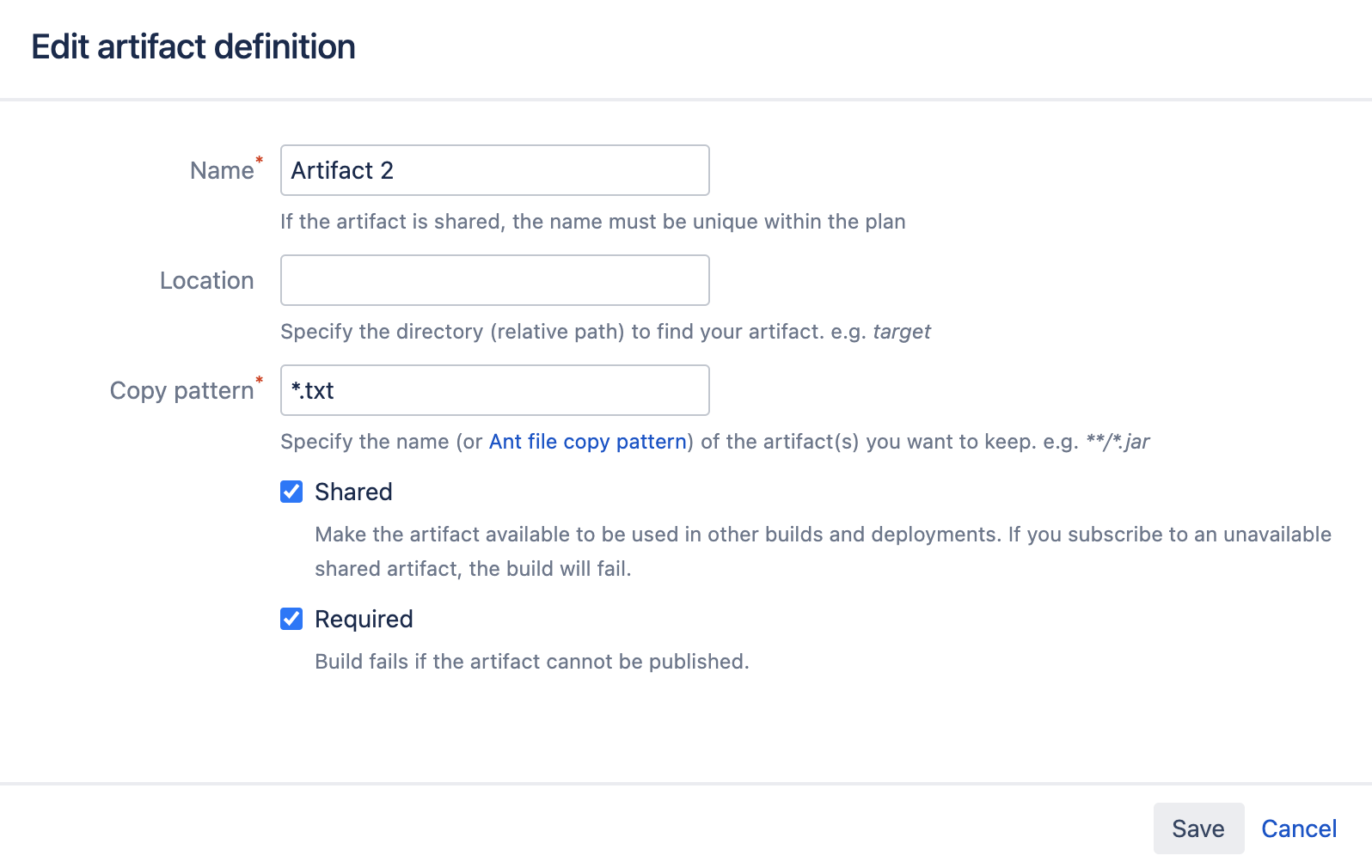 Edit artifact definition window Edit artifact definition window