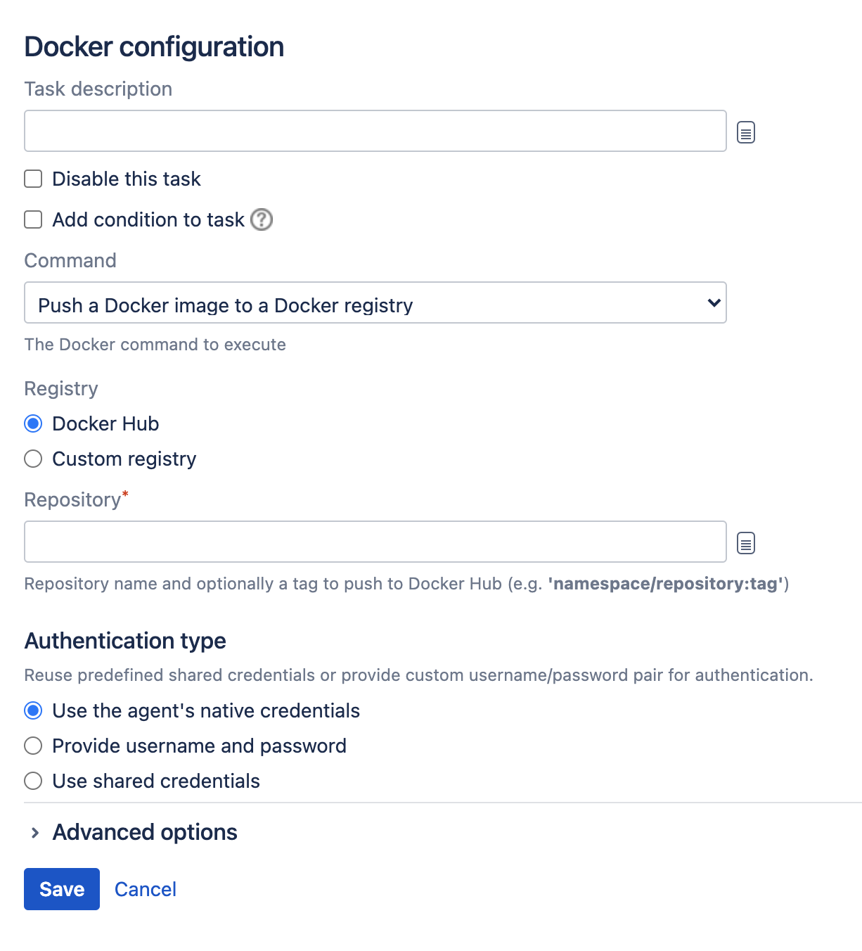 Push a Docker image to a registry option in Docker task configuration Push a Docker image to a registry option in Docker task configuration
