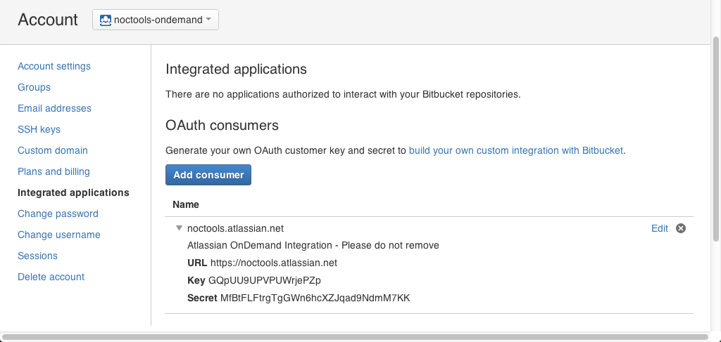 Integrated applications page with a sample OAuth consumer.