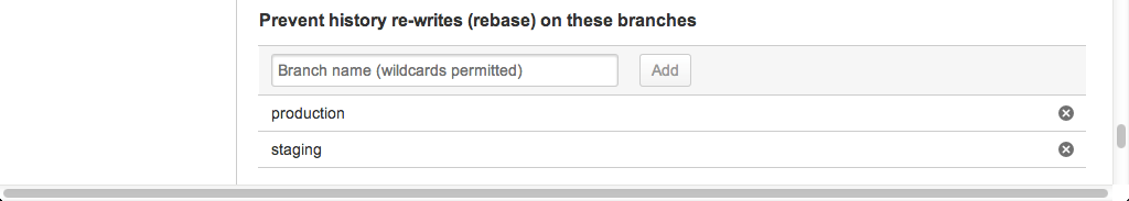 Prevent history re-writes (rebase) on these branches