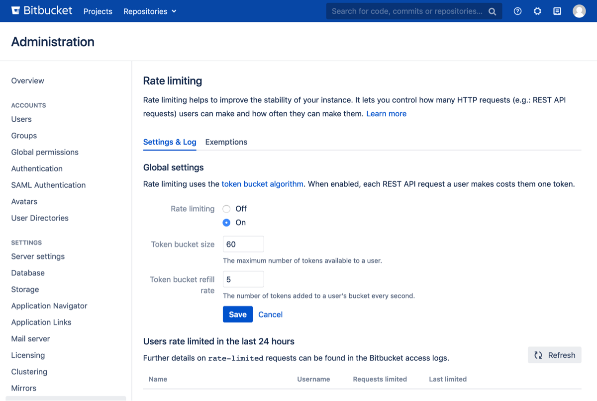 Rate limiting administration area