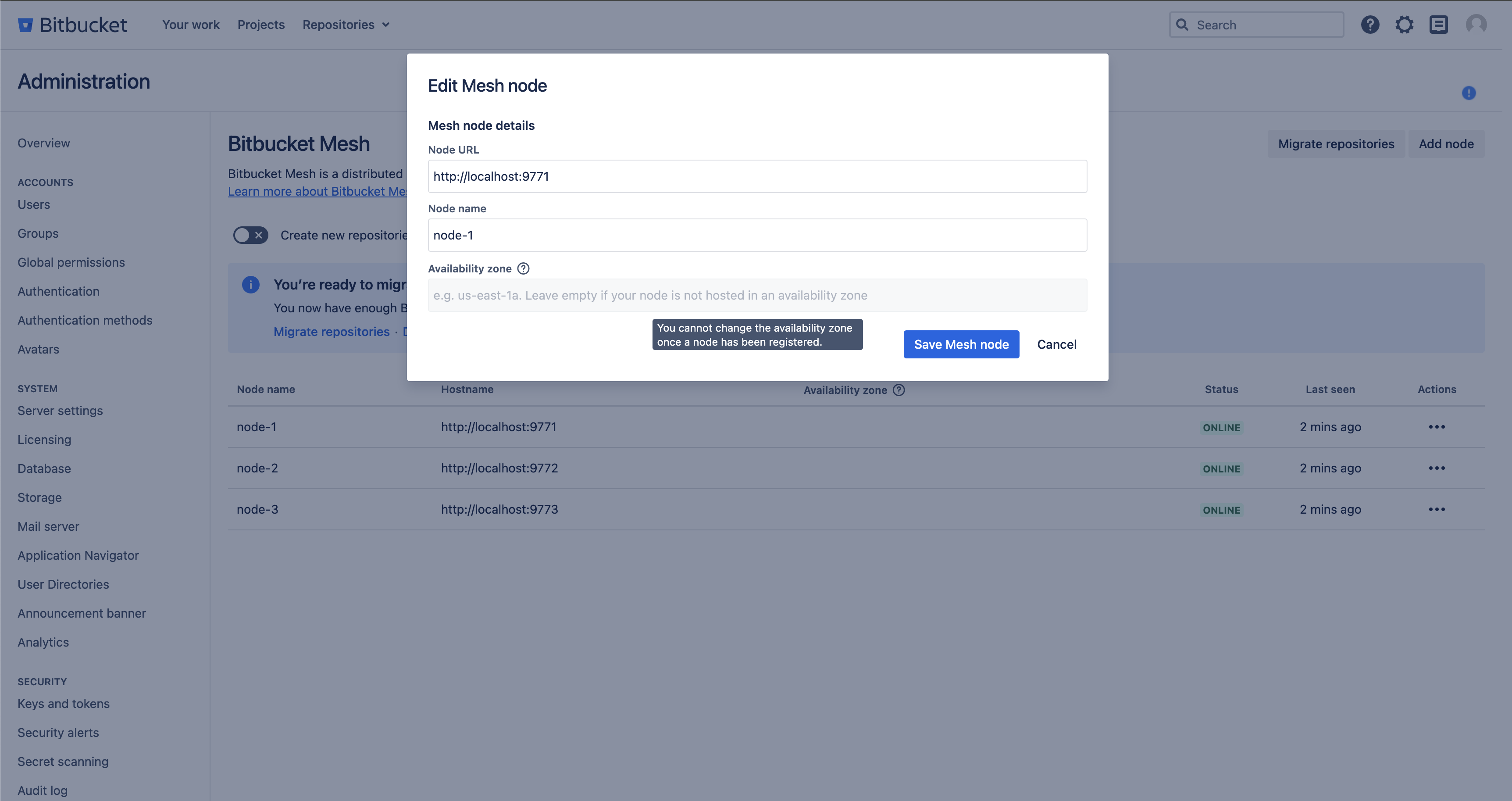 Availability Zone field is read only for editing an already registered Bitbucket Mesh node