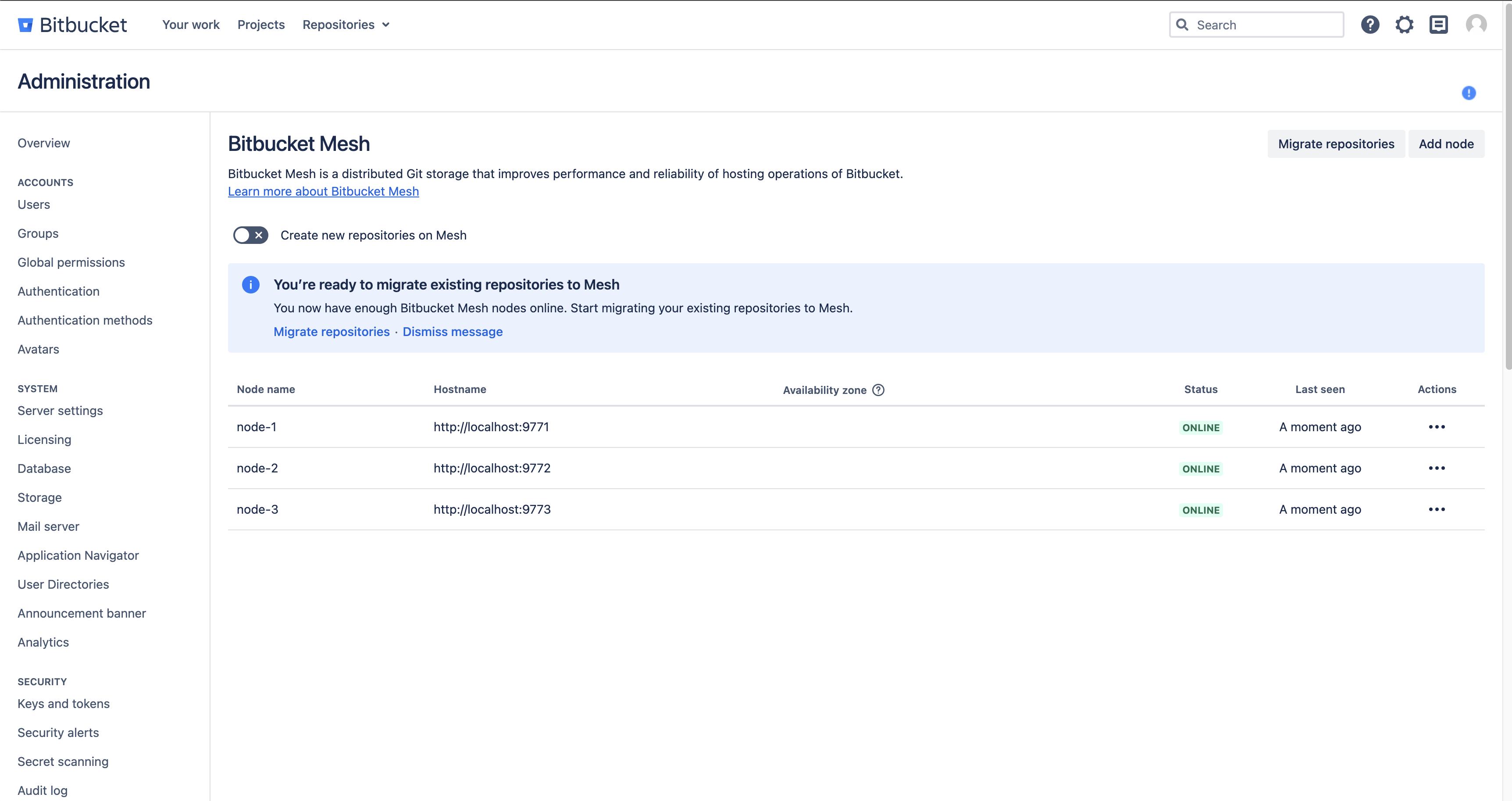 Bitbucket Mesh administration page with registered Bitbucket Mesh nodes having no availability zones