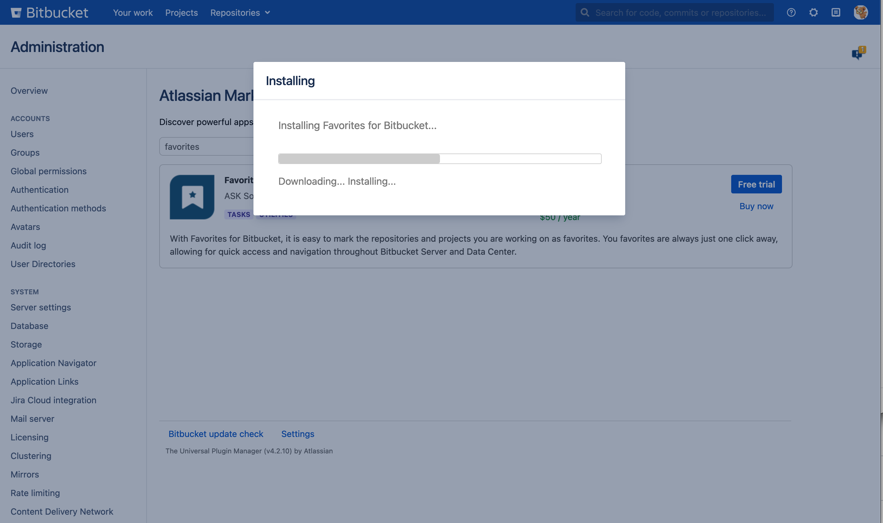 Bitbucket gets stuck while installing a plugin and fails to start up