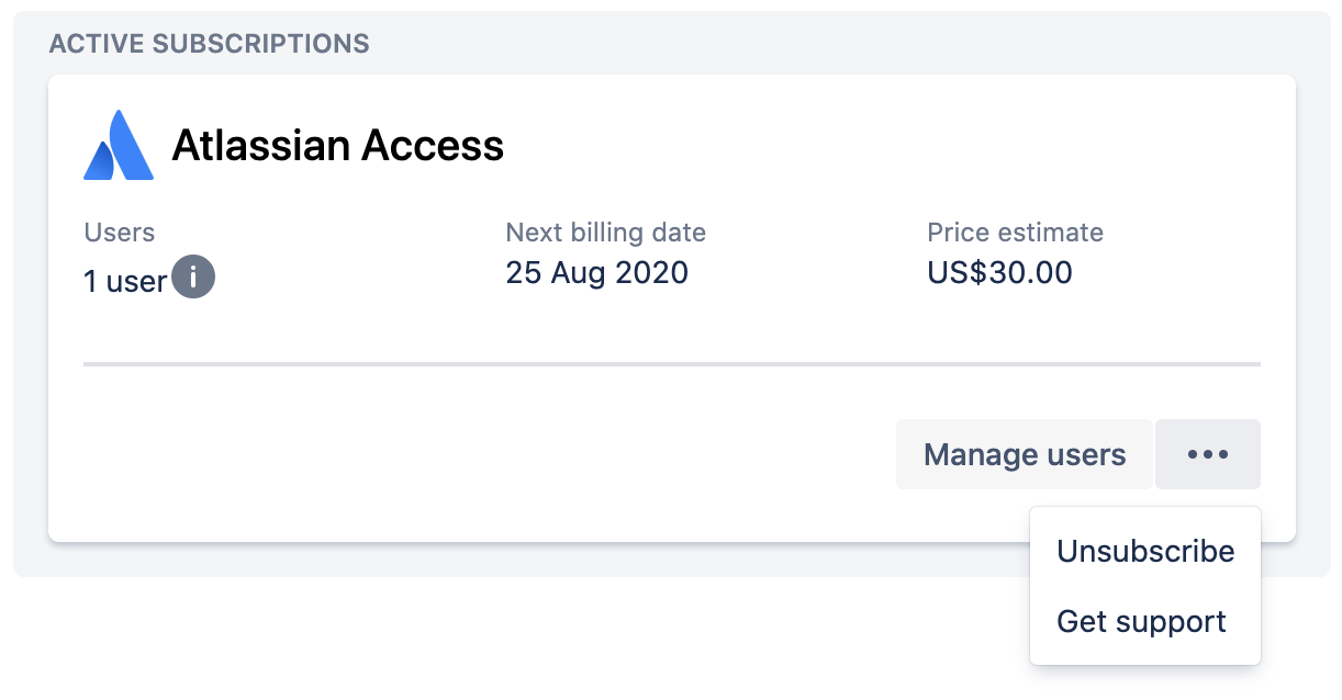 ドロップダウン メニューでサブスクリプション解除が表示されている、「サブスクリプションの管理」にある Atlassian Access カードのスクリーンショット