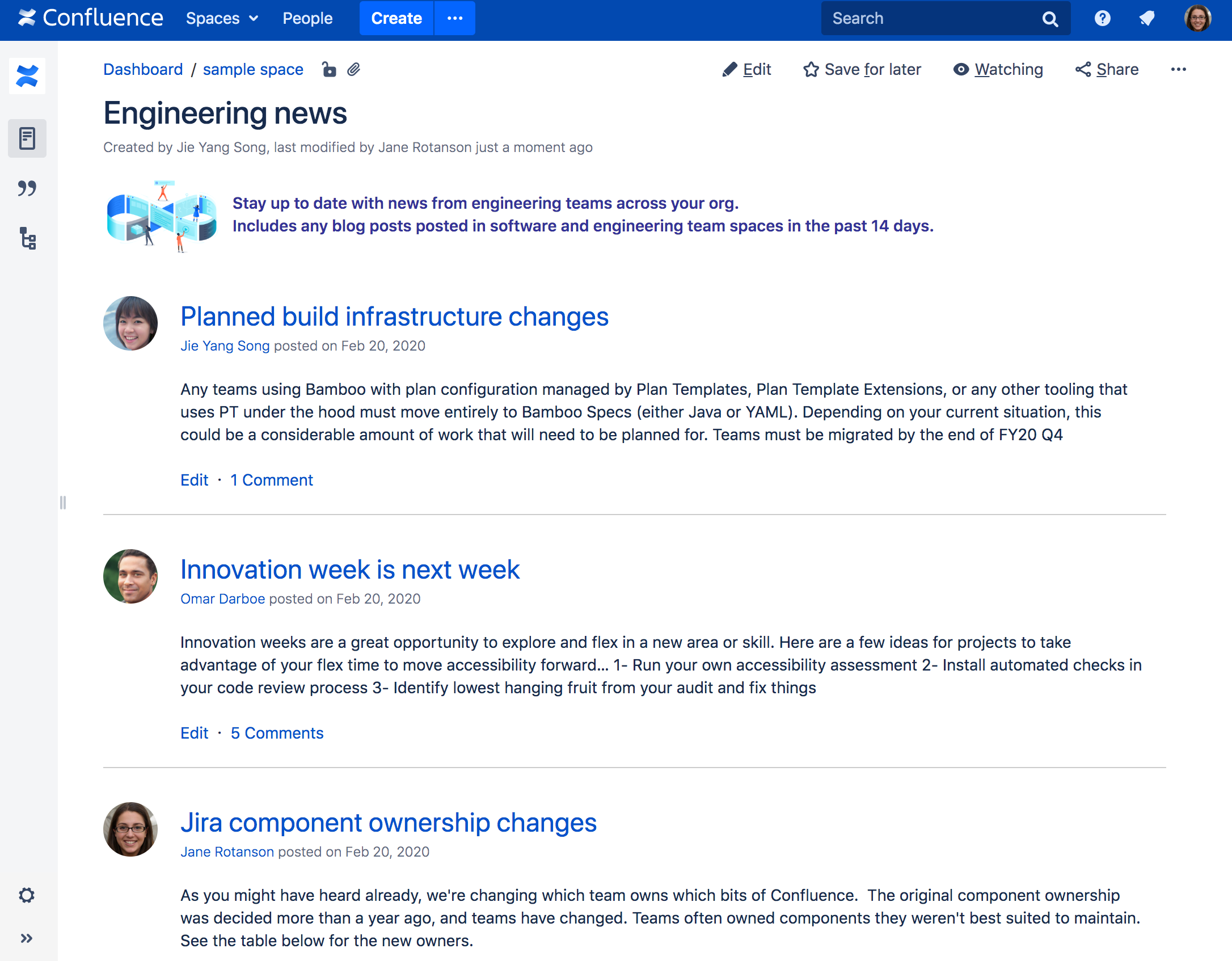 ページでのブログ投稿マクロのスクリーンショット。3 つのブログ投稿が一覧表示され、クリック可能なタイトルの下にブログの コンテンツの短い抜粋があります。