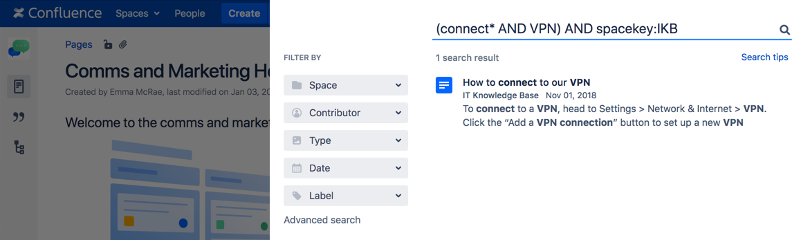 Confluence 検索構文を使用した検索クエリの例