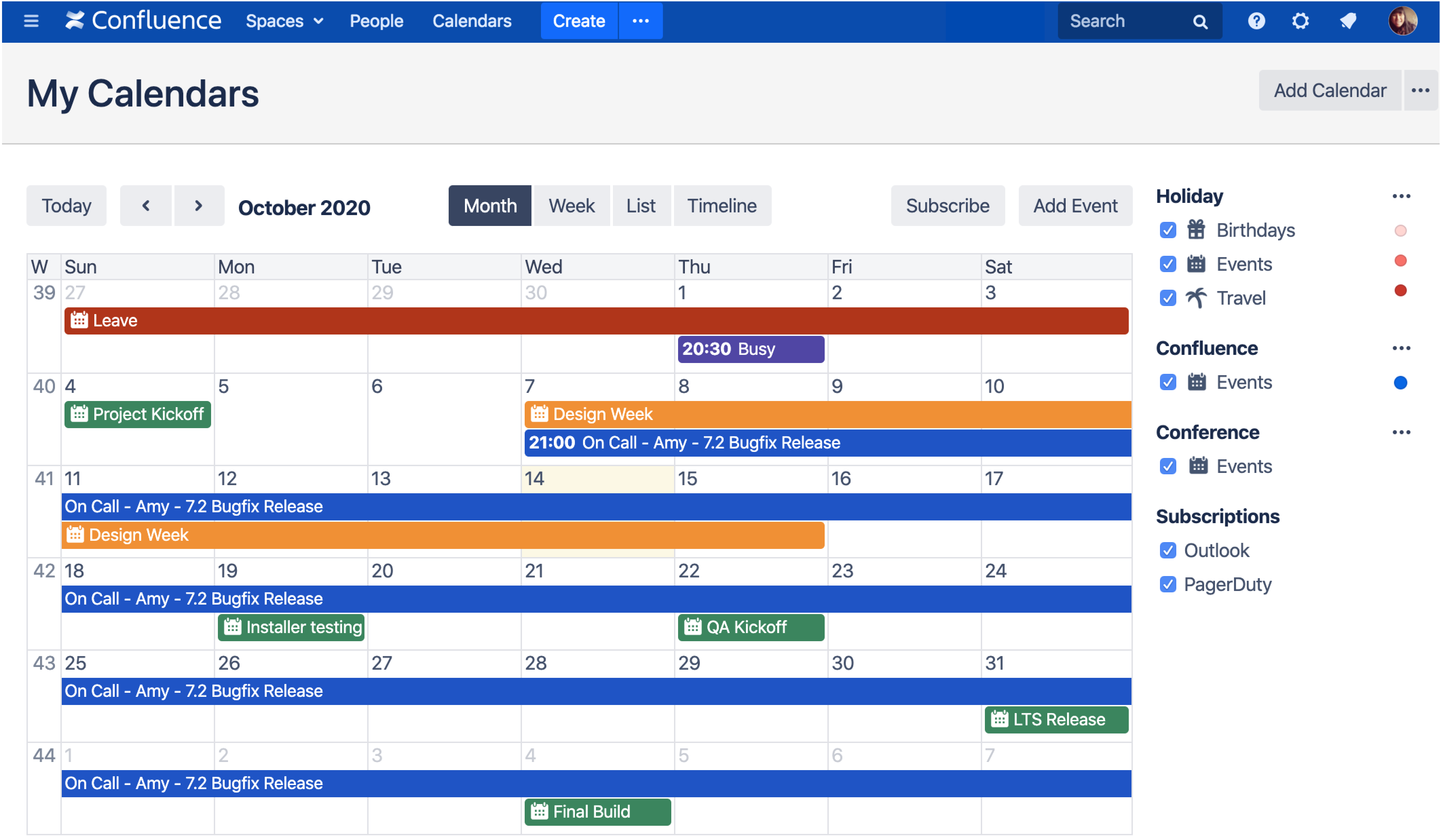 Example of My calendars page