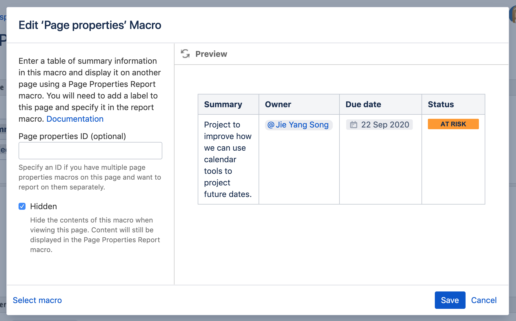 page properties report macro sort by