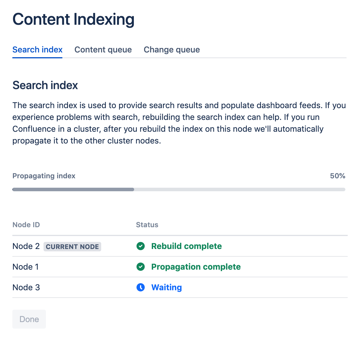 Content indexing screen showing the index rebuilt successfully on the first node, propagated to the second node, and waiting to propagate to the third node. 