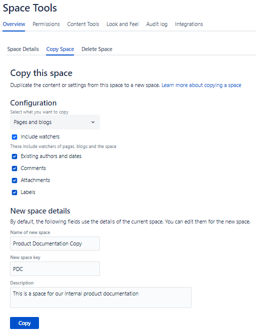 New Copy Space configuration form