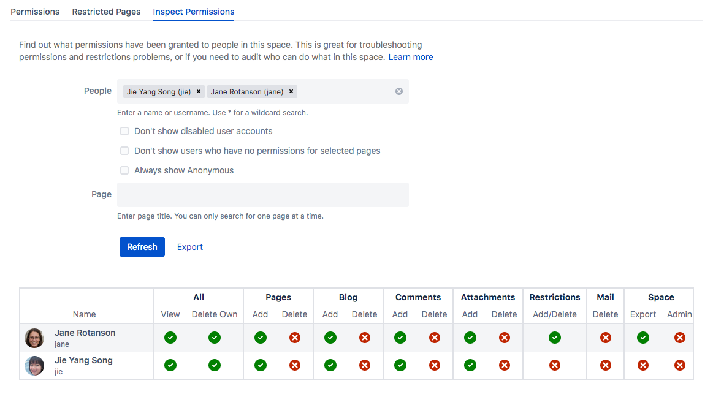 Inspect permissions tab in Space Tools showing permissions for two users