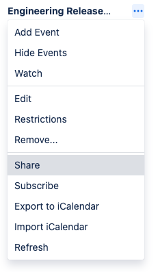 Share button in the calendar more actions menu