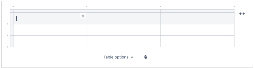 Screenshot of a table as it appears in the Confluence Cloud editor.  It has three columns and three rows. 