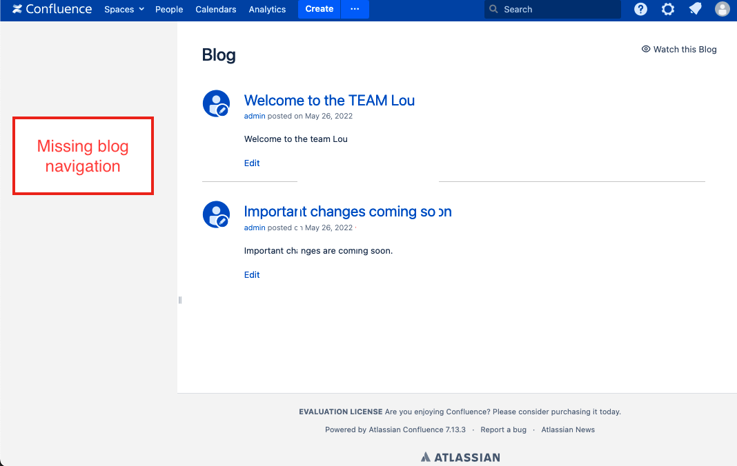 Confluence blog navigation menu is missing Confluence