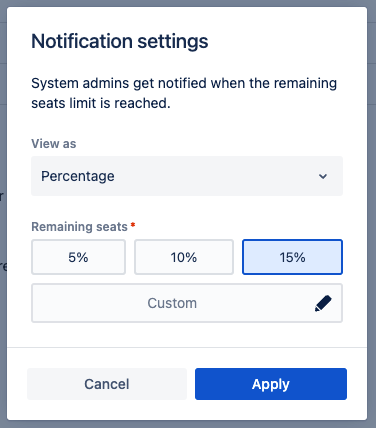 Screen shot of the license user limit notification settings modal