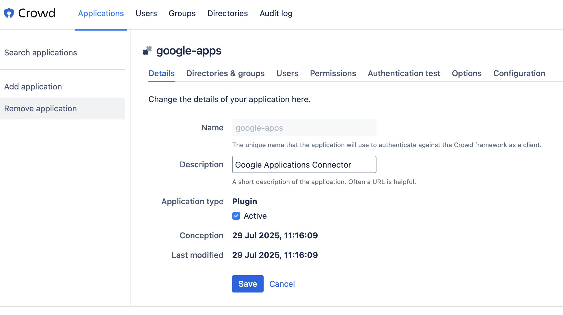 Google Apps connector in Applications tab