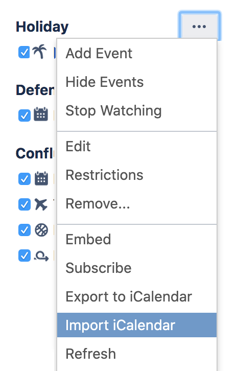 Import iCalendar in the more actions menu