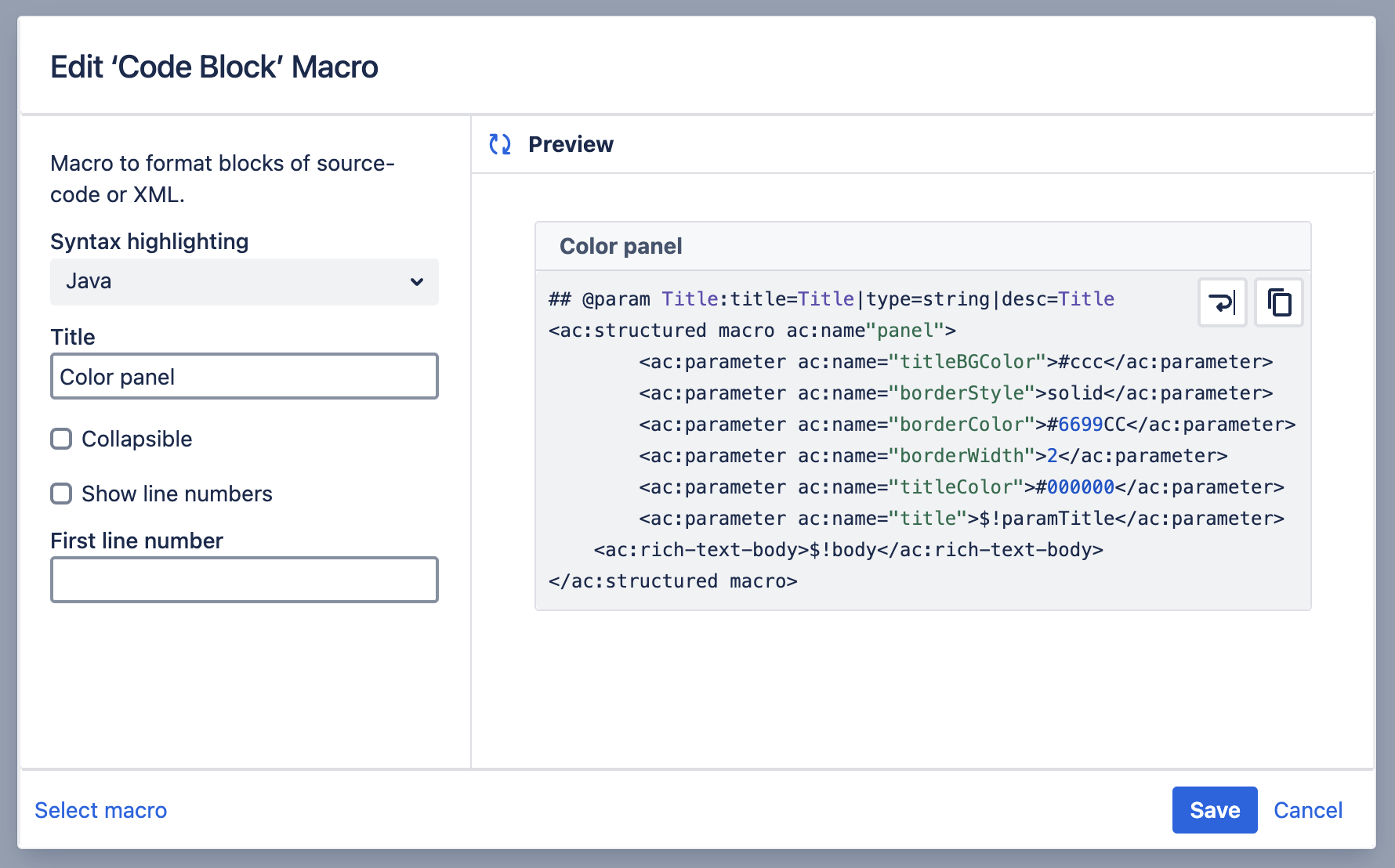 Blocking codes. Confluence json syntax highlighting.