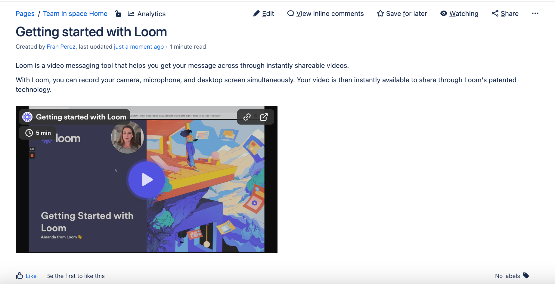 Loom video added to a Confluence page