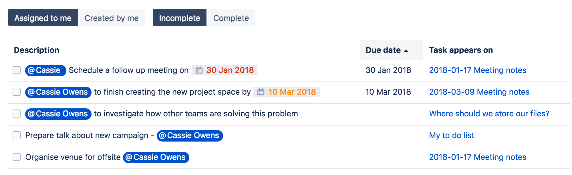 Add, Assign, and View Tasks | Confluence Data Center and Server 7.12 |  Atlassian Documentation