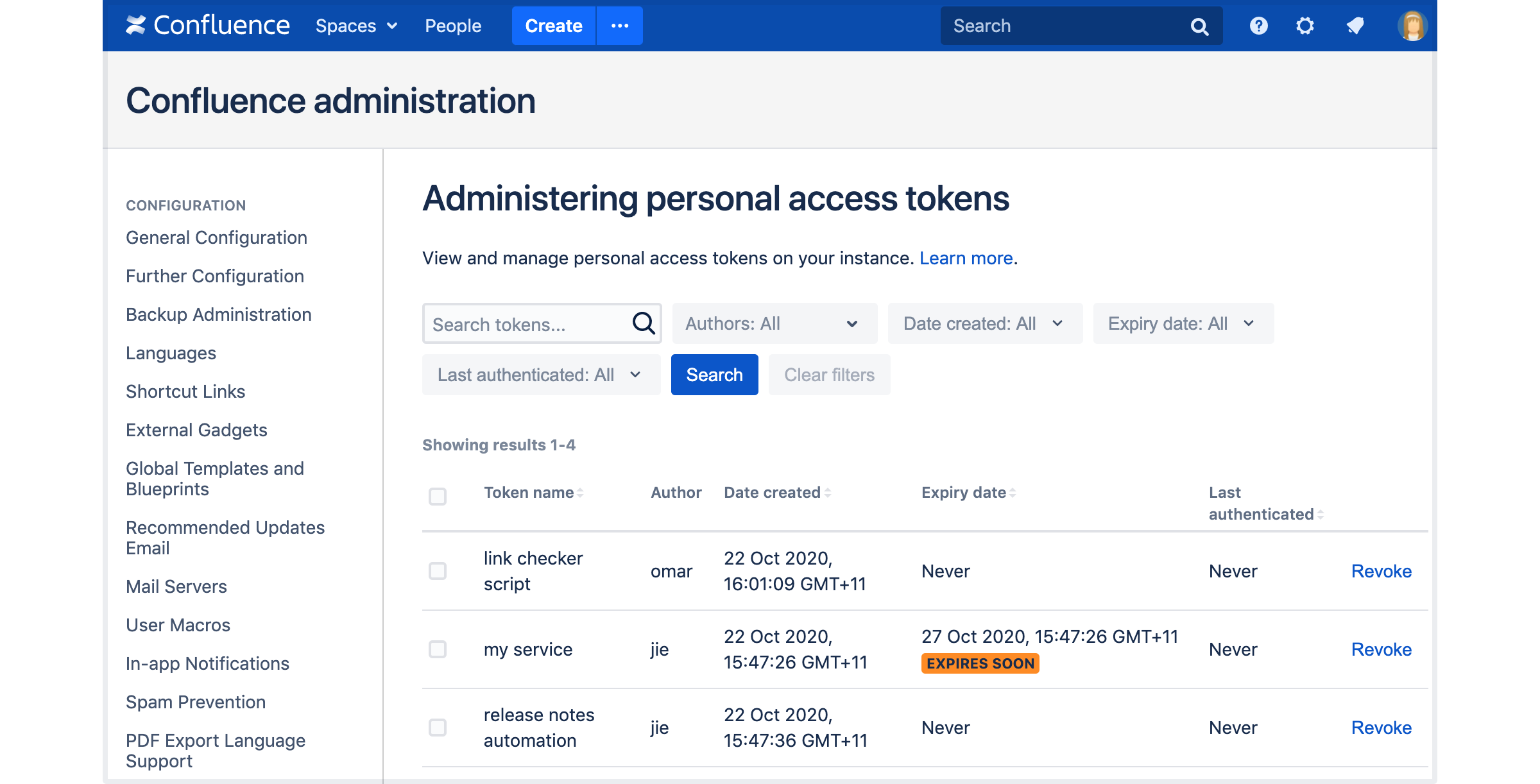 Шаблон Confluence. Работа с access token. Как выглядит API токен. Confluence Administration. Personal access token