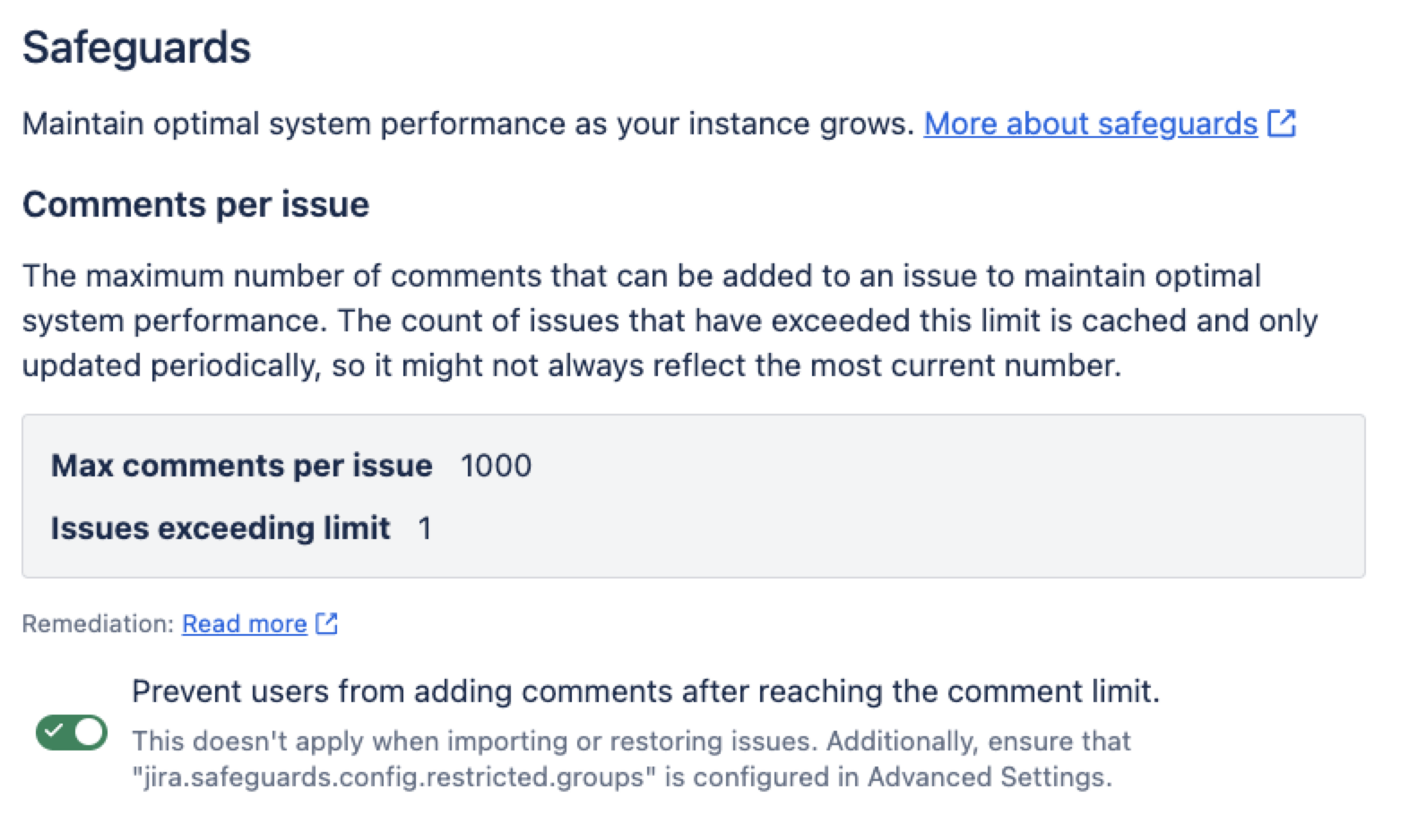Image of the Comments per issue safeguard in UI