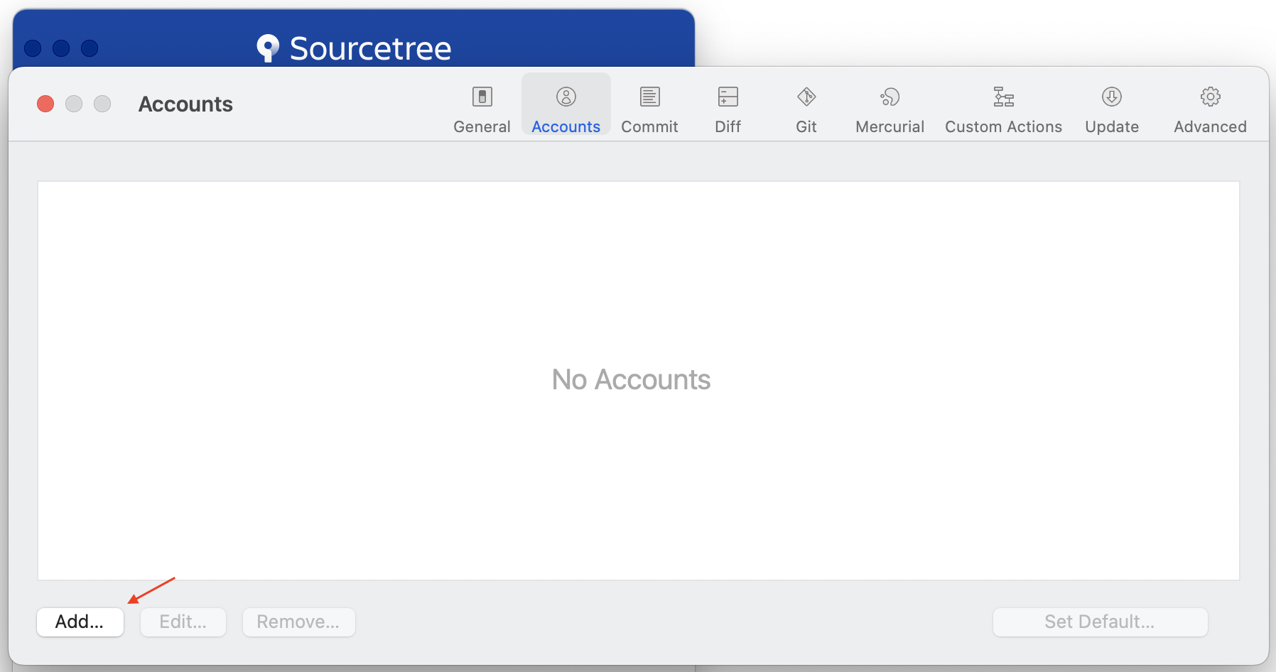 The Sourcetree Accounts preferences pane, showing No Accounts and highlighting the Add... button.