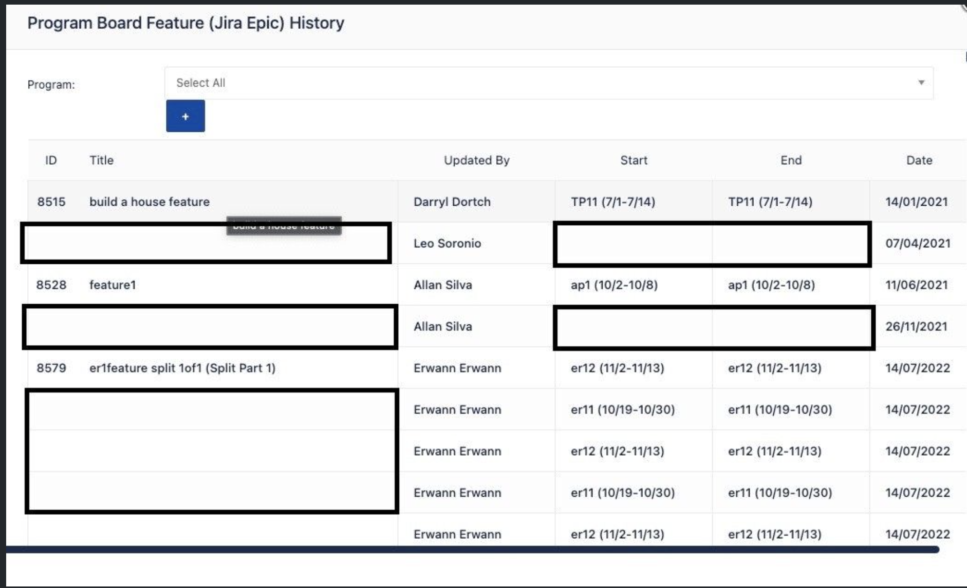 Blank entries in the History report in Program Board in Jira Align