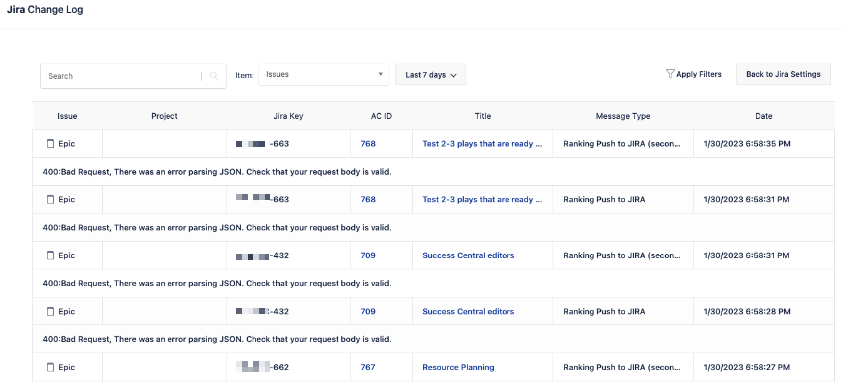 In Jira Align the Jira Change log reports 