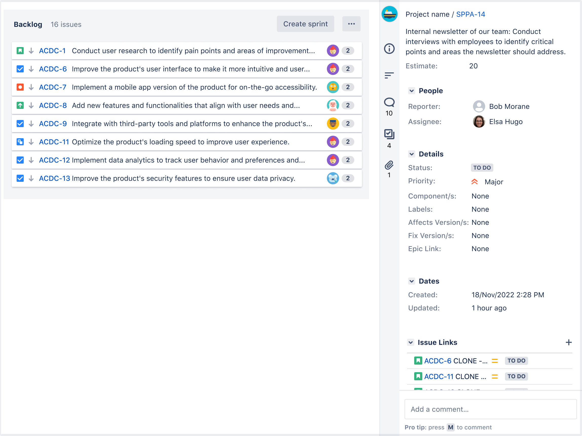 Jira issue with a new sticky comment footer feature