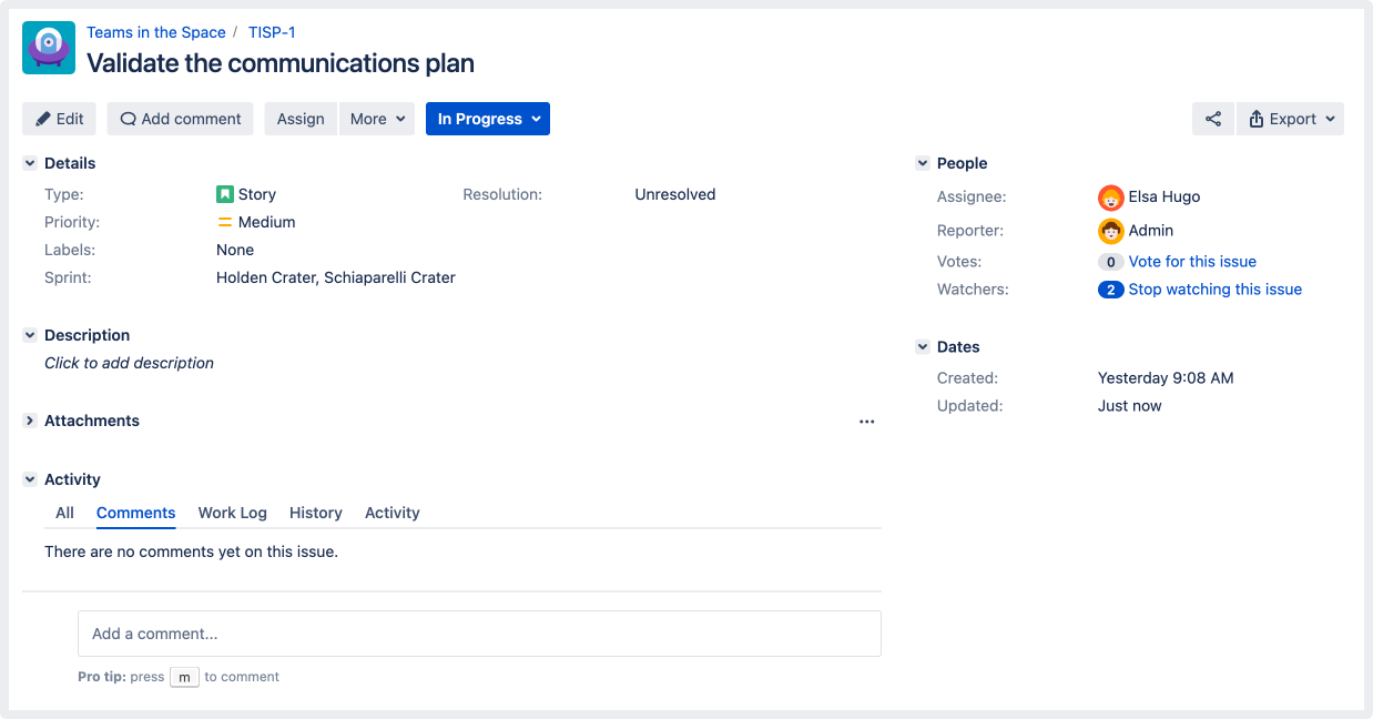 新しいスティッキー コメント フッター機能が追加された Jira 課題