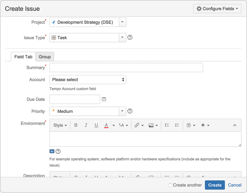 Create issue view with required and optional fields.