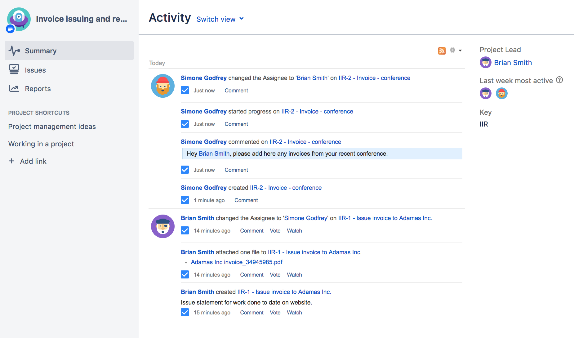 Activity stream in a project