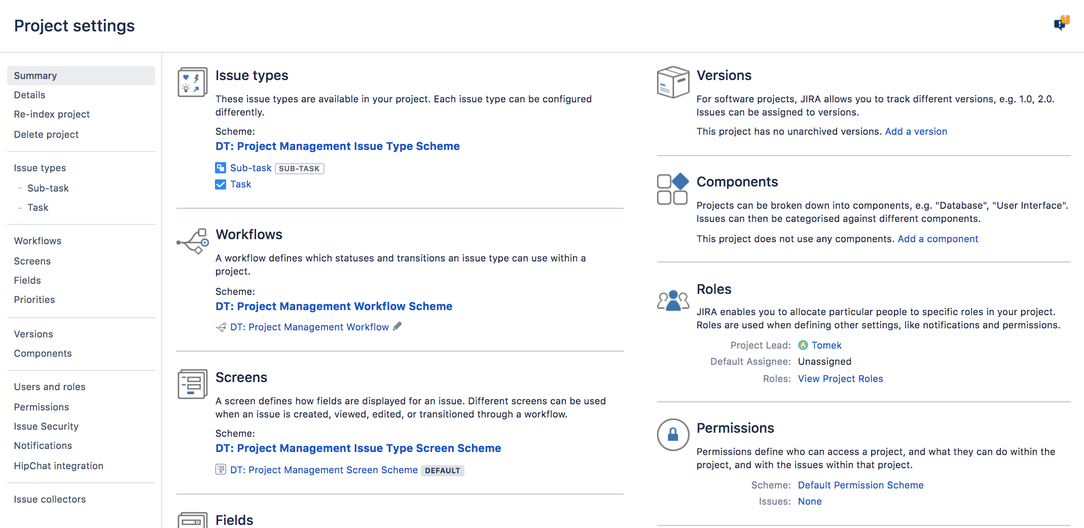 Project settings page