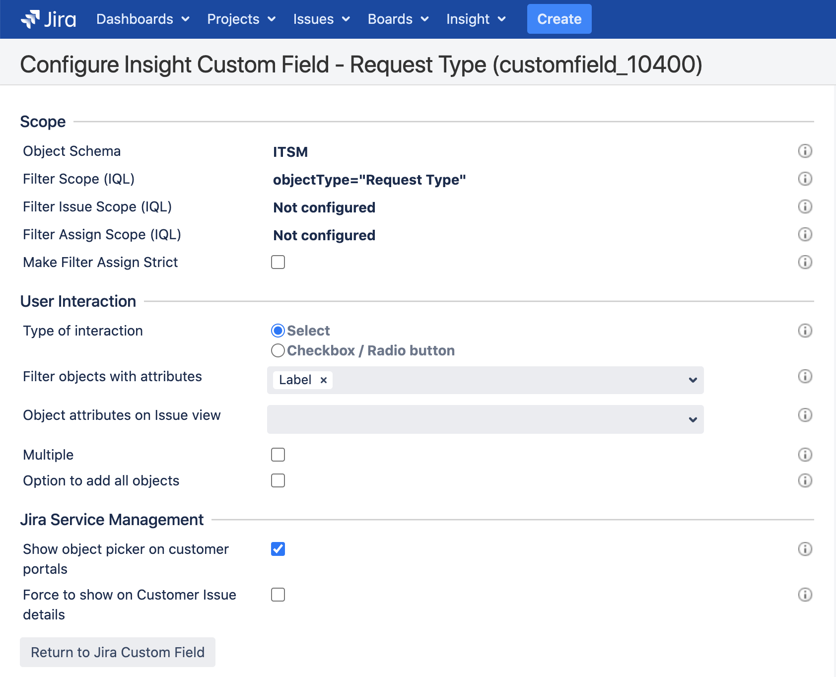 Insight custom fields configuration