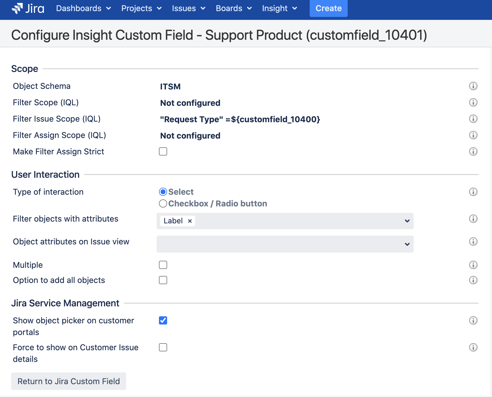 Insight custom fields configuration