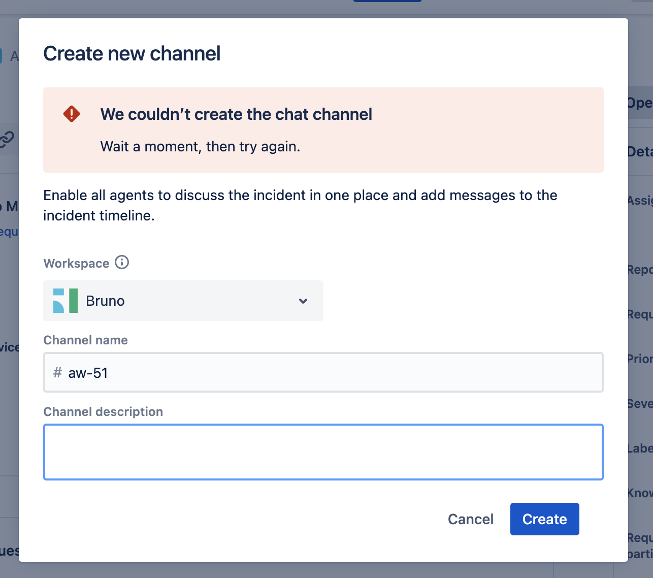 Error when trying to create a Slack channel from an Incident