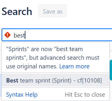 Capitalization of the Best team sprint field suggested for the original Sprint field in the advanced search